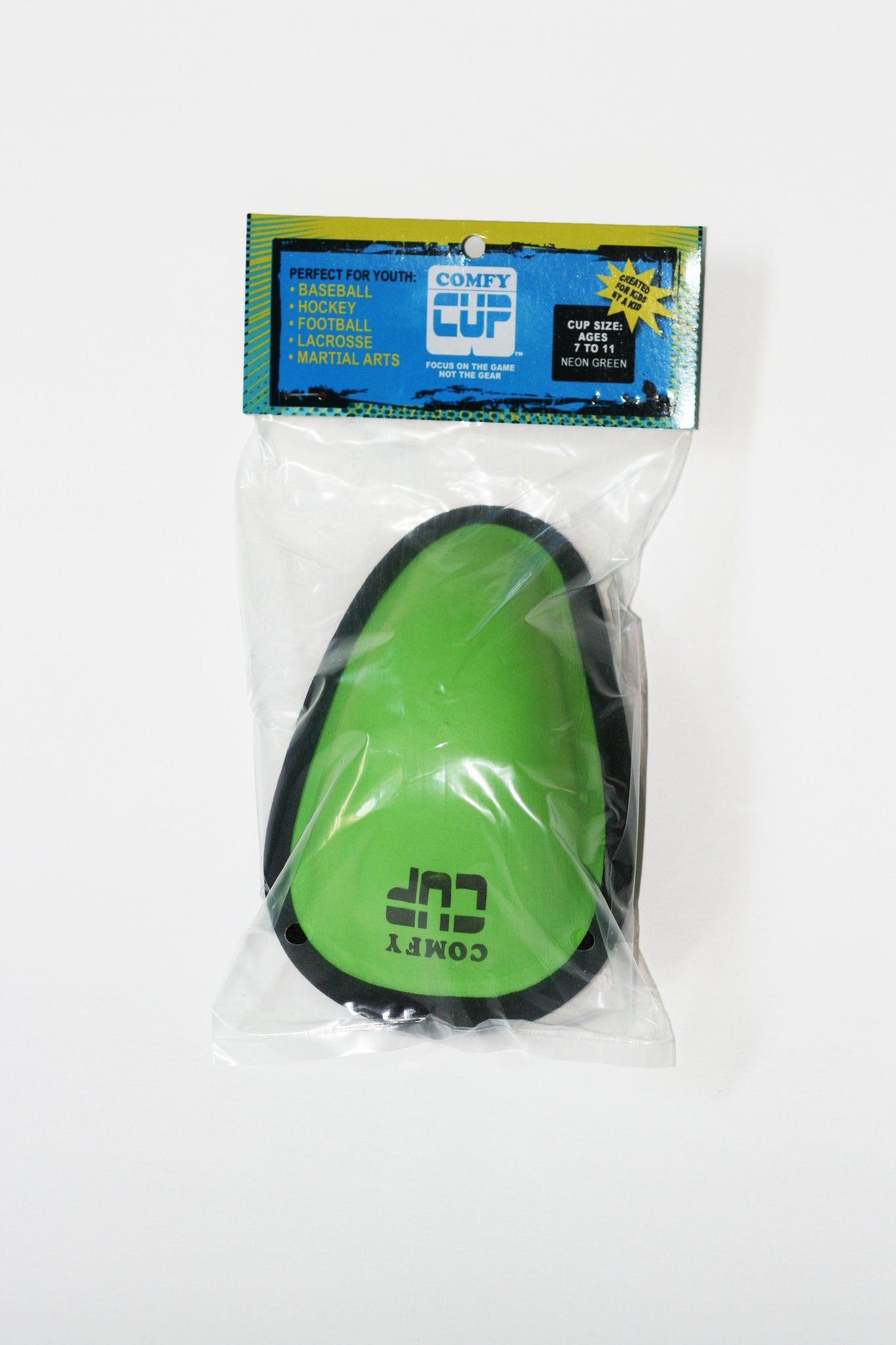 Easy to open packaging. Comfy Cup is lightweight, soft and flexible. Sized for boys ages 7-11 years old.